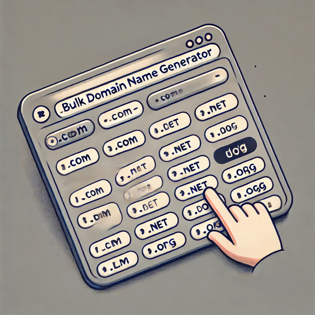 Illustration of a bulk domain name generator interface with input fields and domain suggestions.