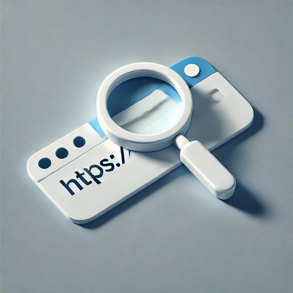 Magnifying glass over a URL, symbolizing a domain age checker.